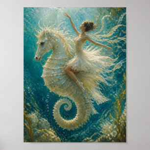 Surreal Ballerina and Seahorse Fantasy Poster