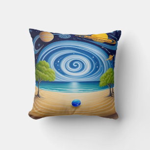 Surreal Beach Scene with Planets, Swirling Sky Throw Pillow