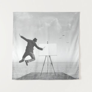 surreal black and white art painter drawing on a c tapestry