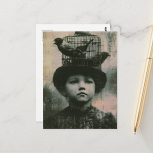Surreal Black and White Caged Bird and Child Retro Postcard
