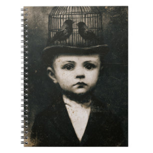 Surreal Black and White Caged Bird Hat Child Notebook