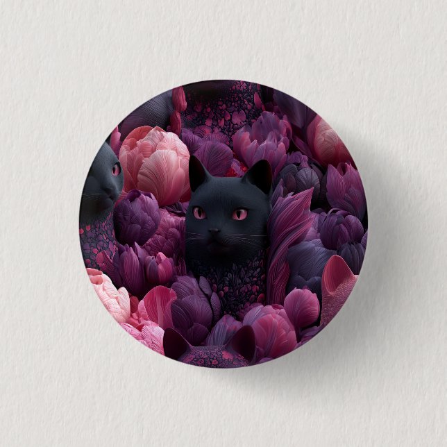 Surreal Black Cat and Pink Peony Floral Pattern 1 Inch Round Button (Front)