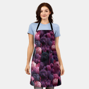 Surreal Black Cat and Pink Peony Floral Pattern Apron