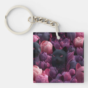 Surreal Black Cat and Pink Peony Floral Pattern Keychain