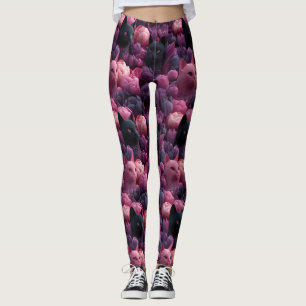 Surreal Black Cat and Pink Peony Floral Pattern Leggings