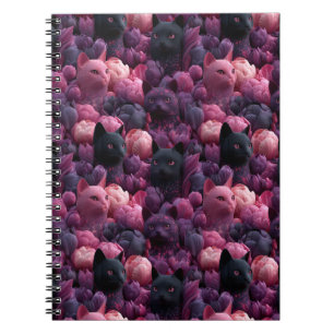 Surreal Black Cat and Pink Peony Floral Pattern Notebook