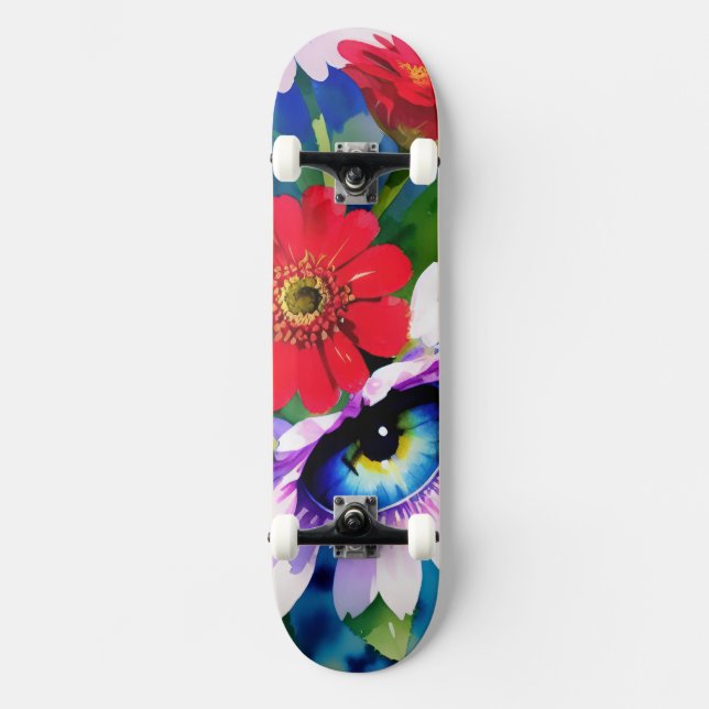Surreal Blue Eye Pink Flower & Red Zenias Skateboard (Front)