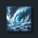 Surreal Blue Ocean Vortex - Majestic Tidal Wave  Canvas Print<br><div class="desc">A stunningly dramatic digital landscape featuring a massive, swirling blue ocean vortex breaking over a dark, rocky shoreline. The intense turquoise depth of the wave contrast with the heavy, stormy clouds, creating a sense of epic scale and natural power. Perfect for statement wall art, cinematic home decor, or as a...</div>