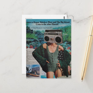 Surreal Boombox Hawaii Woman Collage Postcard