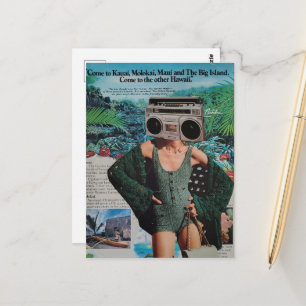 Surreal Boombox Hawaii Woman Collage Postcard
