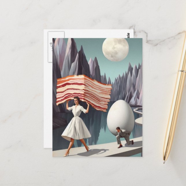 Surreal Breakfast People Giant Egg and Bacon Postcard (Front/Back In Situ)