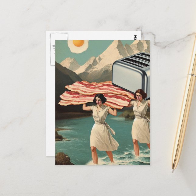 Surreal Breakfast People Giant Toaster and Bacon Postcard (Front/Back In Situ)
