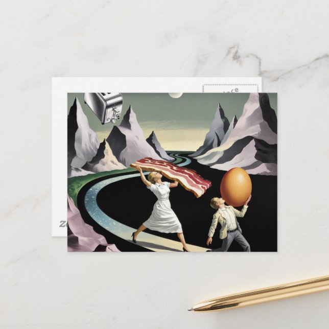 Surreal Breakfast People in the Mountains Postcard (Front/Back In Situ)