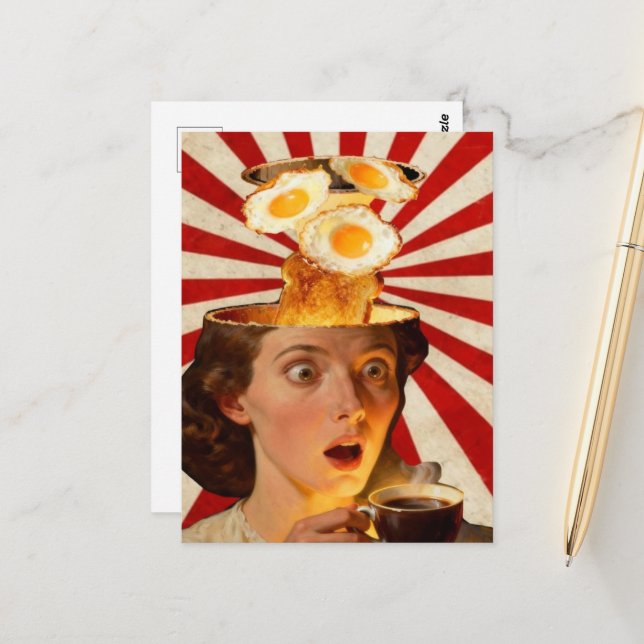 Surreal Breakfast Toast and Coffee Woman Red White Postcard (Front/Back In Situ)