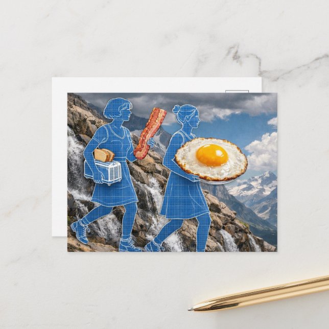 Surreal Breakfast Woman Bacon and Eggs Blueprint Postcard (Front/Back In Situ)