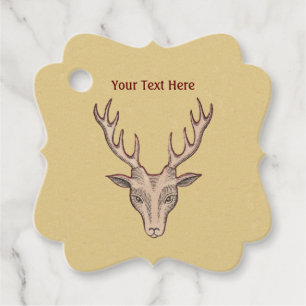 Surreal Brown Deer Head Red Outline Antlers Tan Favour Tags