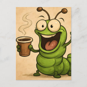 surreal cartoon style over caffeinated caterpillar postcard