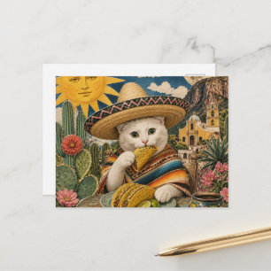 Surreal cat eating tacos collage postcard
