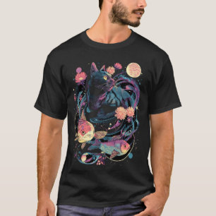 Surreal Cat Floating in Space Fish Whimsical Artwo T-Shirt