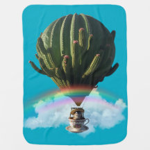 Surreal Cat Hot Air Balloon with Cactus & Rainbow
