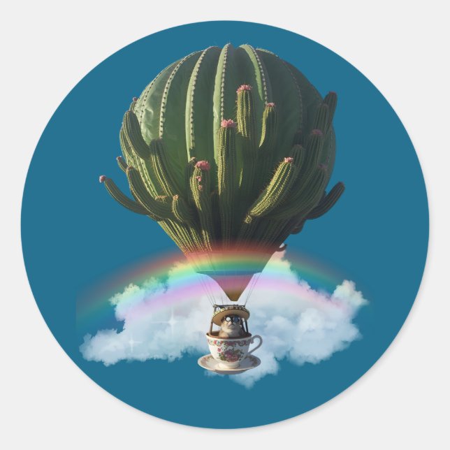 Surreal Cat Hot Air Balloon with Cactus & Rainbow Classic Round Sticker (Front)