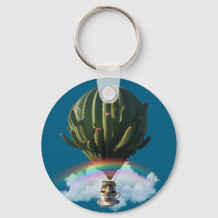 Surreal Cat Hot Air Balloon with Cactus & Rainbow Keychain