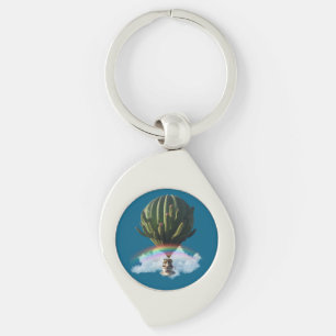 Surreal Cat Hot Air Balloon with Cactus & Rainbow Keychain