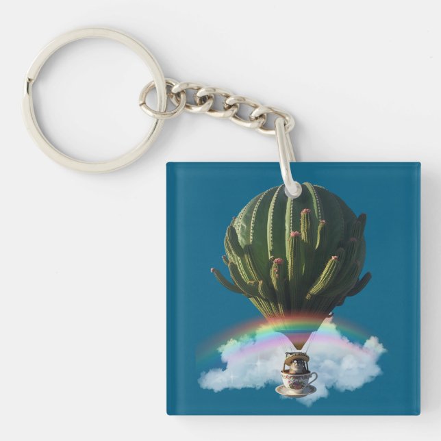 Surreal Cat Hot Air Balloon with Cactus & Rainbow Keychain (Front)