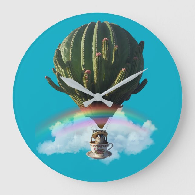 Surreal Cat Hot Air Balloon with Cactus & Rainbow Large Clock (Front)