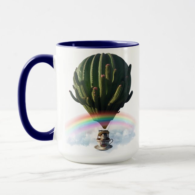 Surreal Cat Hot Air Balloon with Cactus & Rainbow Mug (Left)