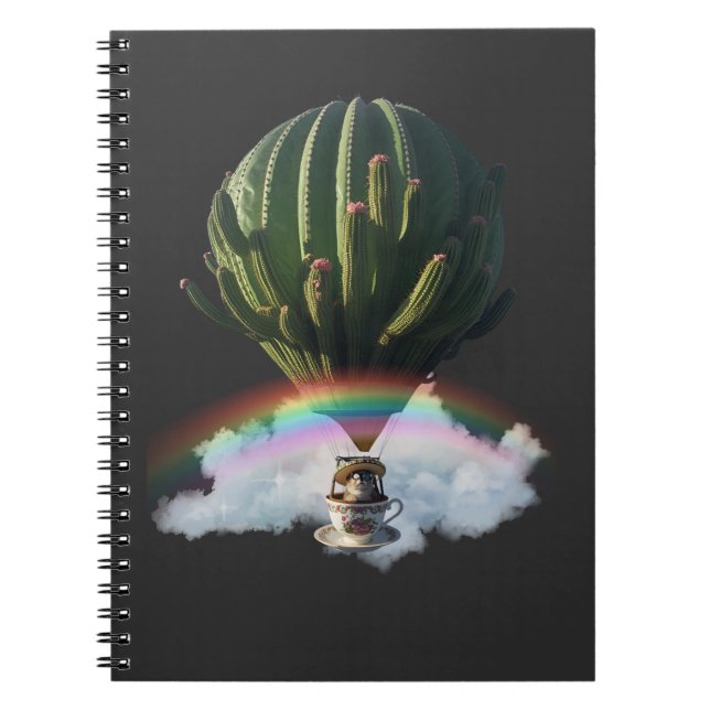Surreal Cat Hot Air Balloon with Cactus & Rainbow Notebook (Front)
