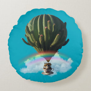 Surreal Cat Hot Air Balloon with Cactus & Rainbow Round Pillow