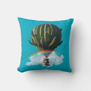 Surreal Cat Hot Air Balloon with Cactus & Rainbow Throw Pillow