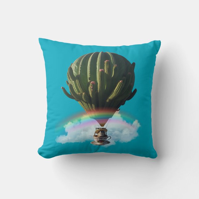 Surreal Cat Hot Air Balloon with Cactus & Rainbow Throw Pillow (Front)