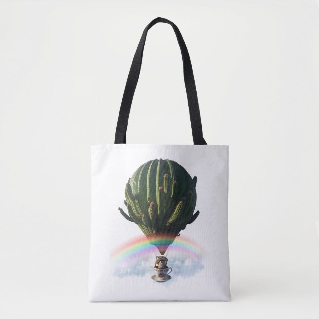 Surreal Cat Hot Air Balloon with Cactus & Rainbow Tote Bag (Front)