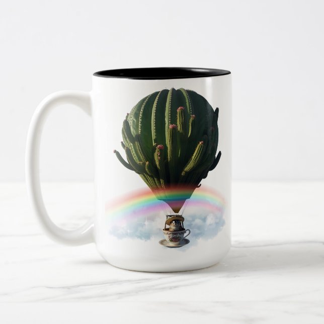 Surreal Cat Hot Air Balloon with Cactus & Rainbow Two-Tone Coffee Mug (Left)