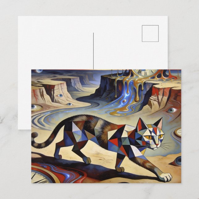 Surreal Cat Melting Clocks Dali Picasso Inspired Postcard (Front/Back)