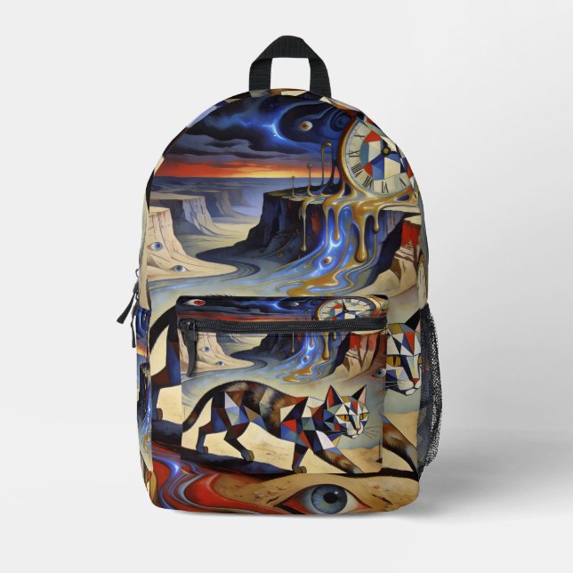 Surreal Cat Melting Clocks Dali Picasso Inspired Printed Backpack (Front)