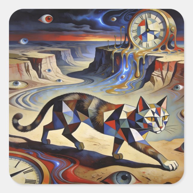 Surreal Cat Melting Clocks Dali Picasso Inspired Square Sticker (Front)