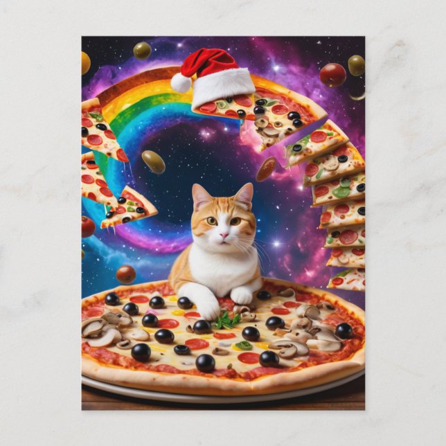 Surreal Cat on a Flying Pizza Festive Christmas Postcard (Front)