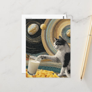 Surreal Cat With Milk in Space Postcard