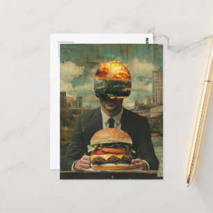 Surreal Cheeseburger Person in the City Collage Postcard