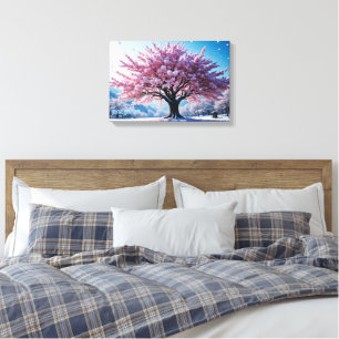 Surreal Cherry Blossom Tree in Snowy Landscape Canvas Print