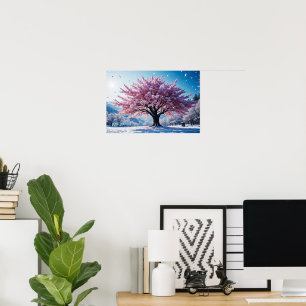 Surreal Cherry Blossom Tree in Snowy Landscape Poster