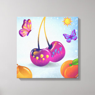 Surreal Cherry & Butterfly Stretched Canvas Print