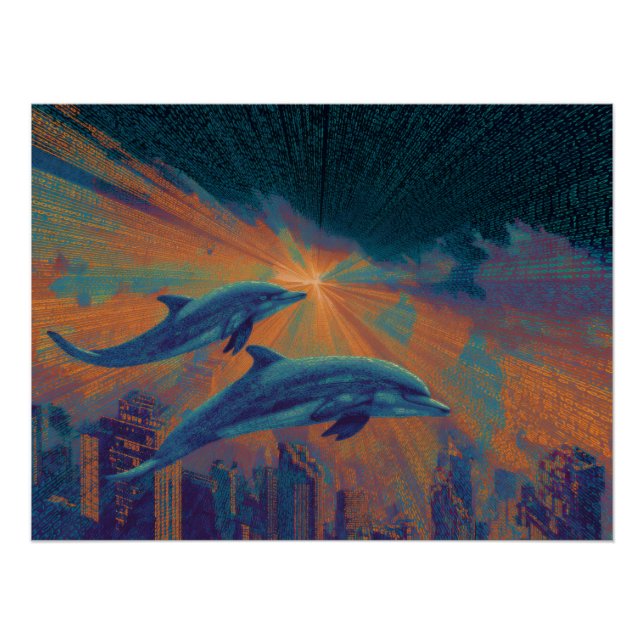 Surreal City Sunset with Flying Dolphins Poster (Front)