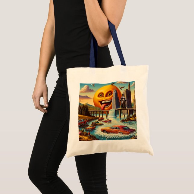“Surreal Cityscape with Anthropomorphic Sun” Tote Bag (Front (Product))