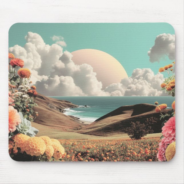 Surreal Coastal Landscape With Flowers And Clouds Mouse Pad (Front)