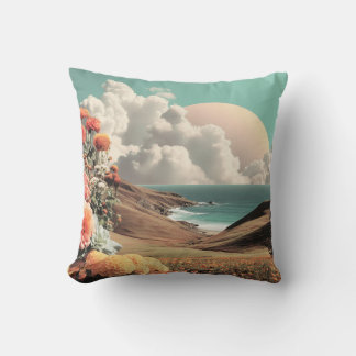 Surreal Coastal Landscape With Flowers And Clouds Throw Pillow