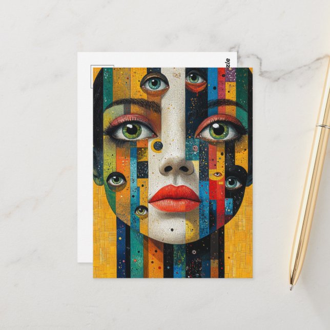 Surreal Colorful Face With Lots of Eyes Postcard (Front/Back In Situ)